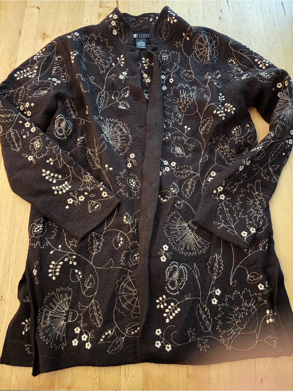 Embroidered Brown Long Cardigan with Cream Floral Stitching